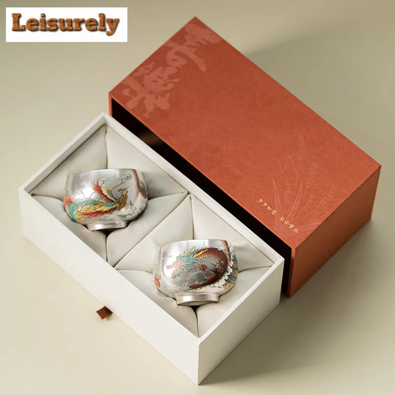 Gilt Silver Dragon And Phoenix Auspicious Teacup Elegant Tea Bowl Jug Tea-tasting Meditation Cup Jianzhan Master Cups Set Gift