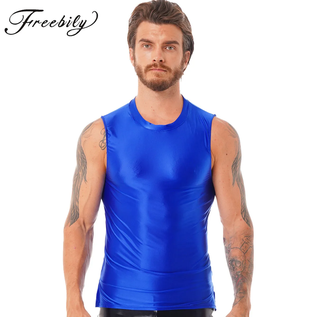 Mens Smooth Glossy Tank Top Sleeveless Solid U Neck Oil Shiny Gym Fitness Swimming Yoga Vest