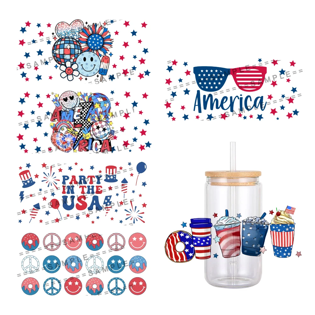 USA Independence Day Designs UV DTF Transfer Sticker Waterproof Transfers Decals For 16oz Glass Cup Wrap Stickers