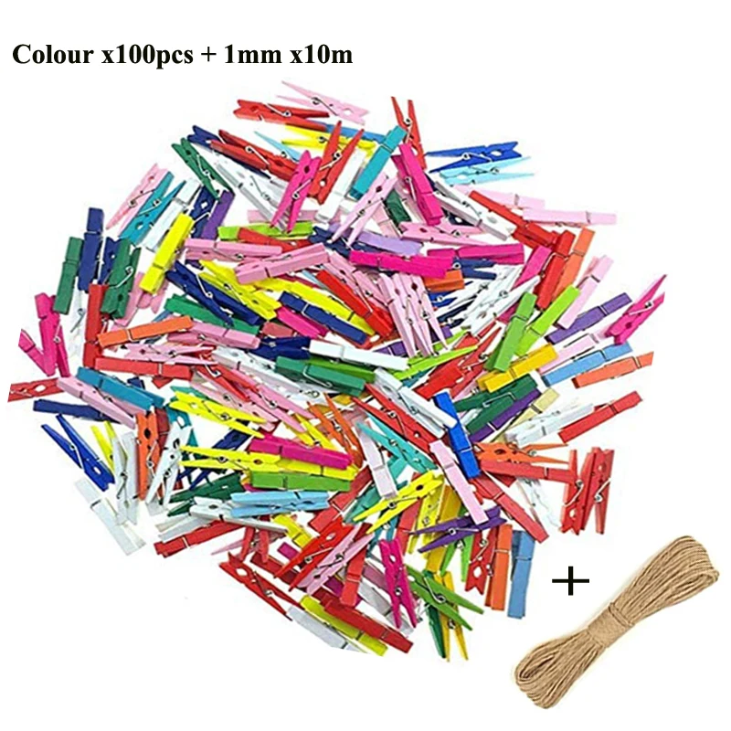 Mini Wood Clothespins with Hemp Rope for Crafts and Photo Displays, Pack of 50