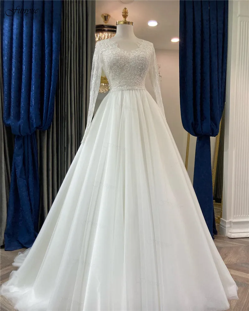 

Funyue Elegant Ivory Long Sleeve Wedding Dress 2023 A-Line Robe De Mariée Princesse Tulle Lace Bodice Bridal Gowns for Bride