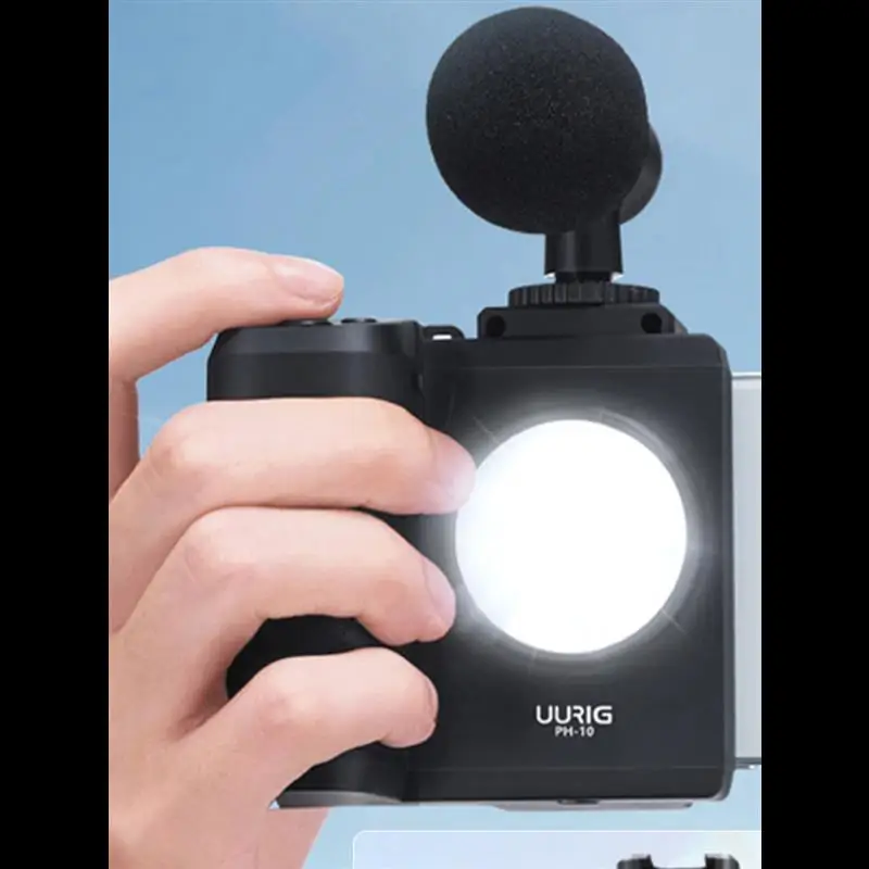 UURIG PH-10 무선 핸들 G 립 폰 거치대 안정기, 스마트폰 브이로그 리모컨, 1/4 인치 LED 조명, i 폰 안드로이드용