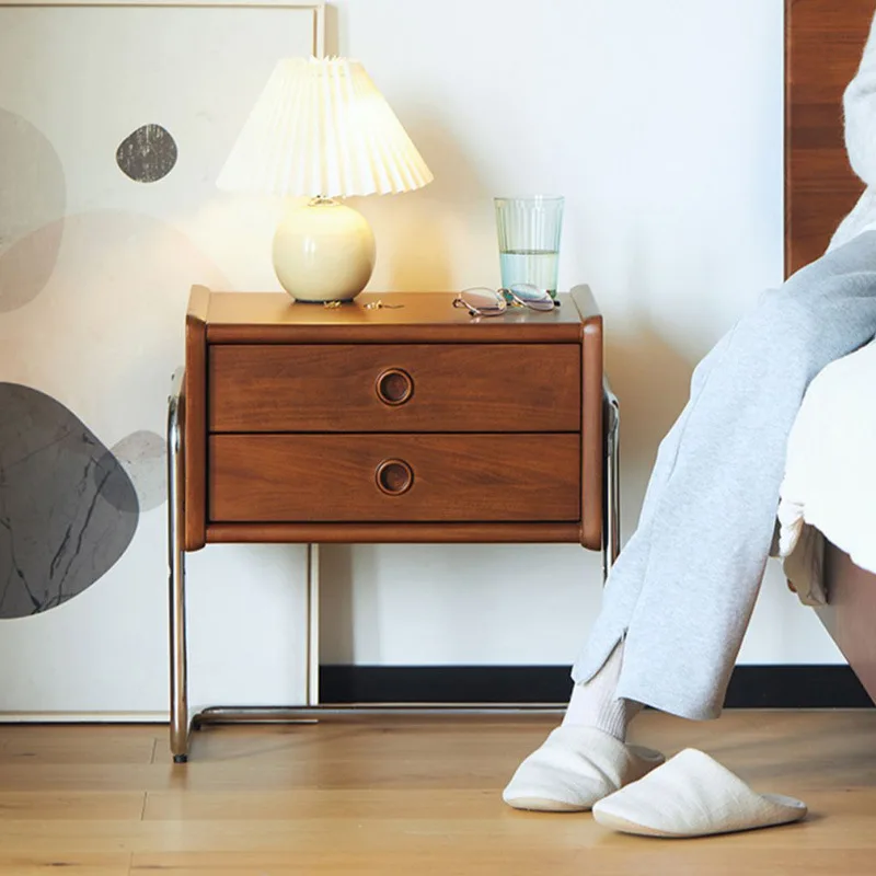 

Modern Minimalist Bedside Table Solid Wood Bedroom Light Luxury Drawer Cabinet Stainless Steel Simple Storage Rack