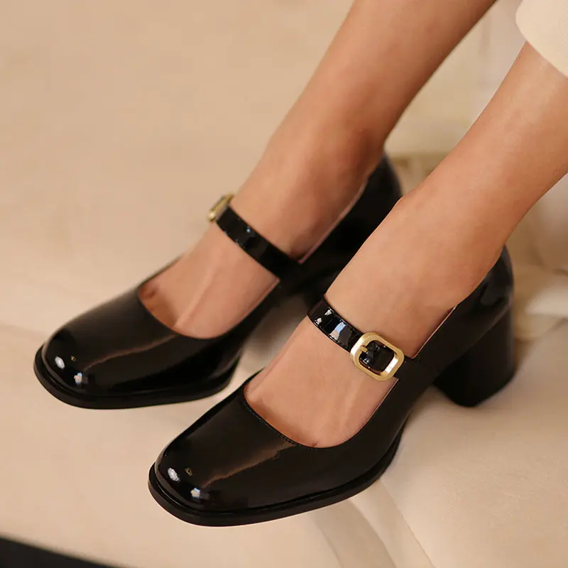 

2022 Spring New Chic Genuine Cow Patent Leather Retro Ladies Heels Buckle Strap Square Chunky Heels Mary Janes Pumps Shoes Women