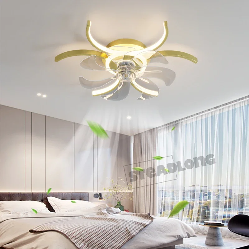 Modern LED Ceiling Fan Lamp With Remote Control Adjustable Speed Dimmable Flower Shape Ceiling Light For Living Room Bedroom