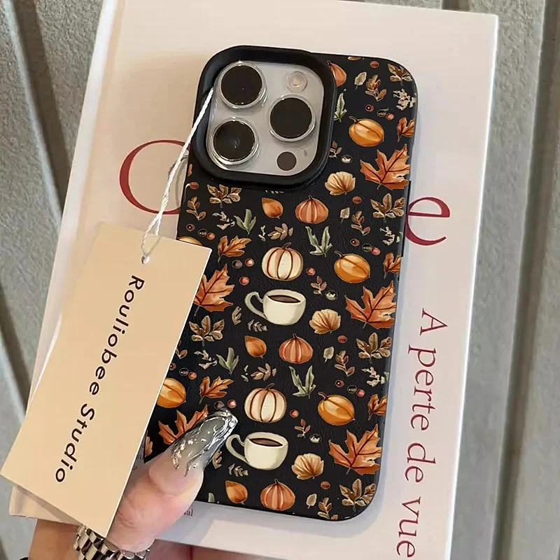 Autumn Leaf Pumpkin Coffer Leather Phone Case