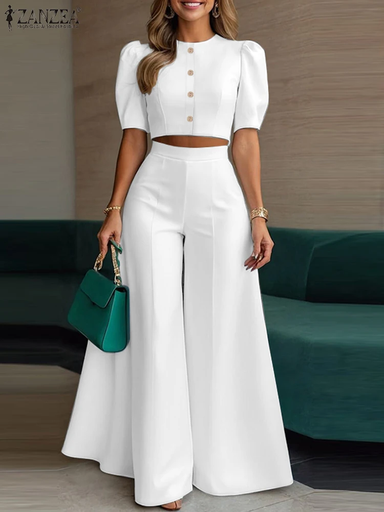 ZANZEA Street Fashion Woman 2 Piece Sets Stylish Short Puff Sleeve Crop Tops Wide Leg Pants 2PCS Outfit Elegant Office Pant Sets 2