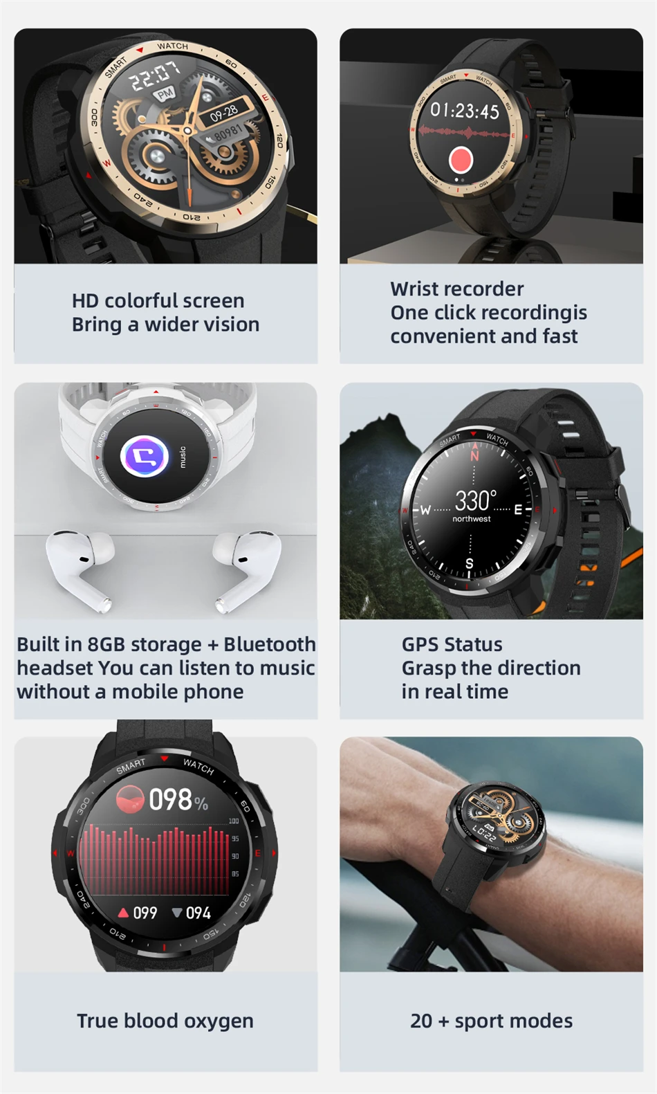 New Sport smart watch Men Bluetooth Call Recording Local music Watches Compass Heart Rate Waterproof Smart watch For iOS Android