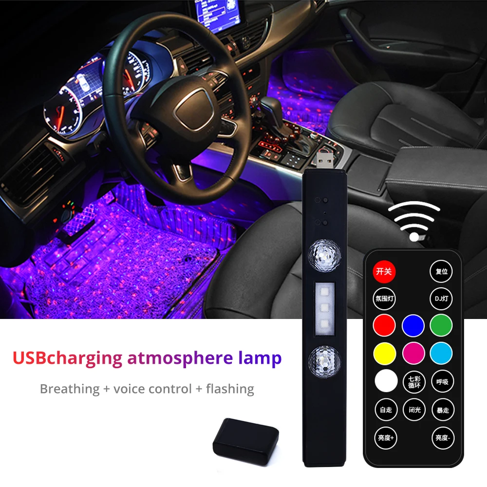 

1X Car LED Decorative Atmosphere Lamp In USB Charging Foot Sole Modification Free Wiring Colorful Voice Activated Floor Modify