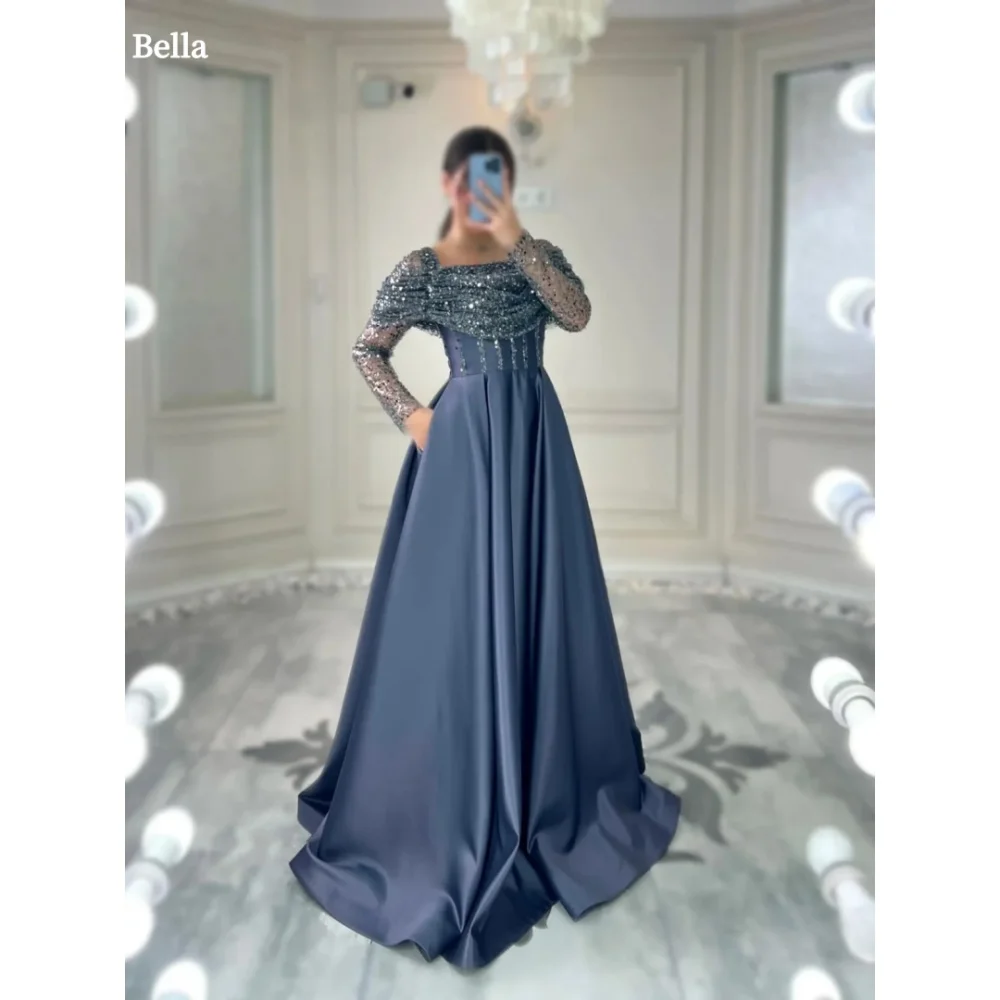 Bella Customized Sequins Square Collar Long Sleeves robes de soire Satin  A-line Party Dresses Floor-Length Prom Dress 2024 - AliExpress 320