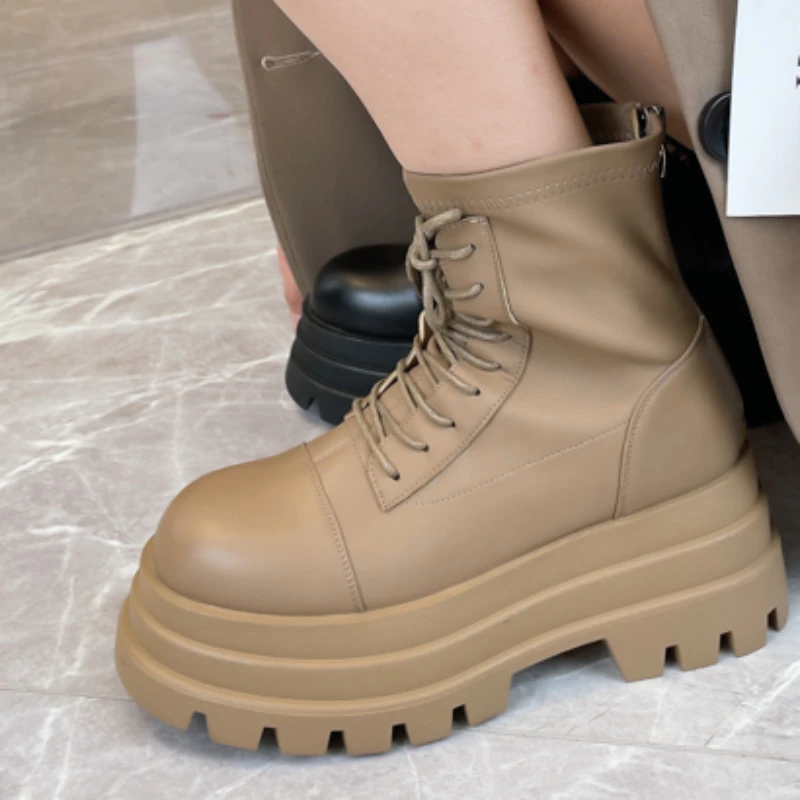 

Женские ботинки на шнуровке, однотонные водонепроницаемые ботинки на среднем каблуке, с круглым носком, на молнии, на массивном каблуке, новинка зимы 2023