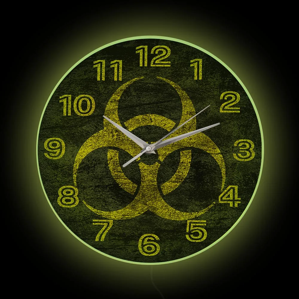 

Символ биологически опасного вещества современный дизайн светсветильник напечатанные настенные часы токсичная опасность светодиодная подсветка предупреждающий знак для лабораторий больниц