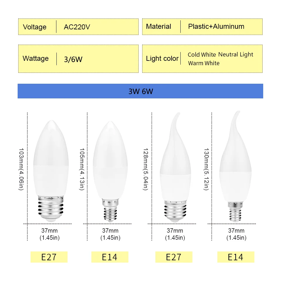 4PCS LED Candle Bulb 3W 6W AC220V E27 E14 Cold White Warm White PC Aluminum Neutral Light Suitable For Indoor Outdoor Decoration