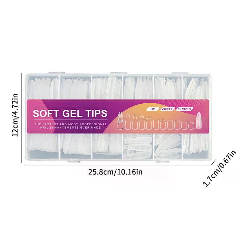 240Pcs Trapezoid Long-T Matte Soft Gel Nail Tips - Traceless Full Cover Fake Nails with Auxiliary Lines for Nail DIY Extension