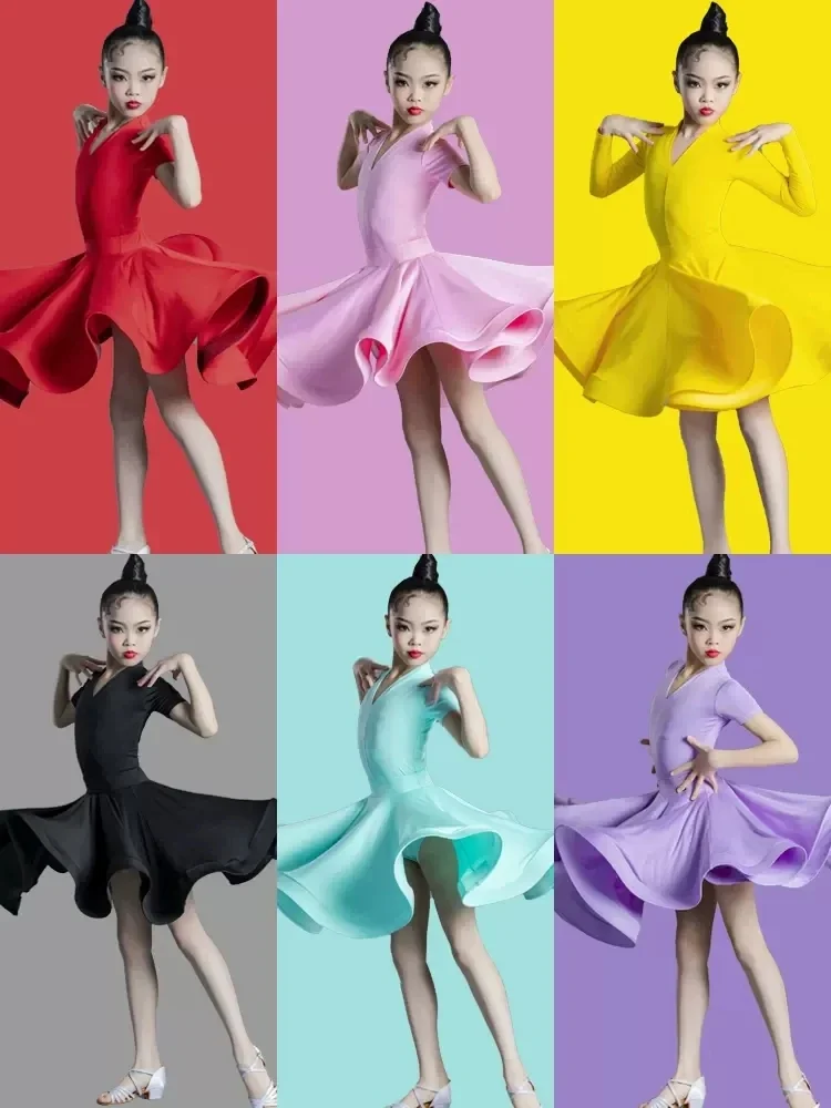 Children Latin Dance Costume For Professional Competition Girls Large Swing Dress Children Latin Training Performance