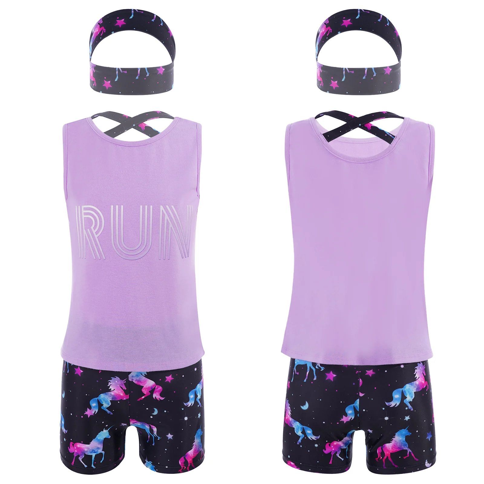 

Kids Girls 3Pcs Sleeveless Strappy Back Purple Sport Vest with Printed Shorts and Headband Tracksuit Outfit Activewears for GYM