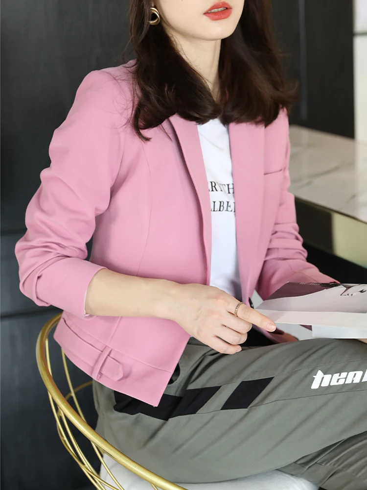 Large size Pink Short blazer 2023 Autumn Long sleeve Single button jacket Korean style Crop coat Office lady Black INKEO 3O079
