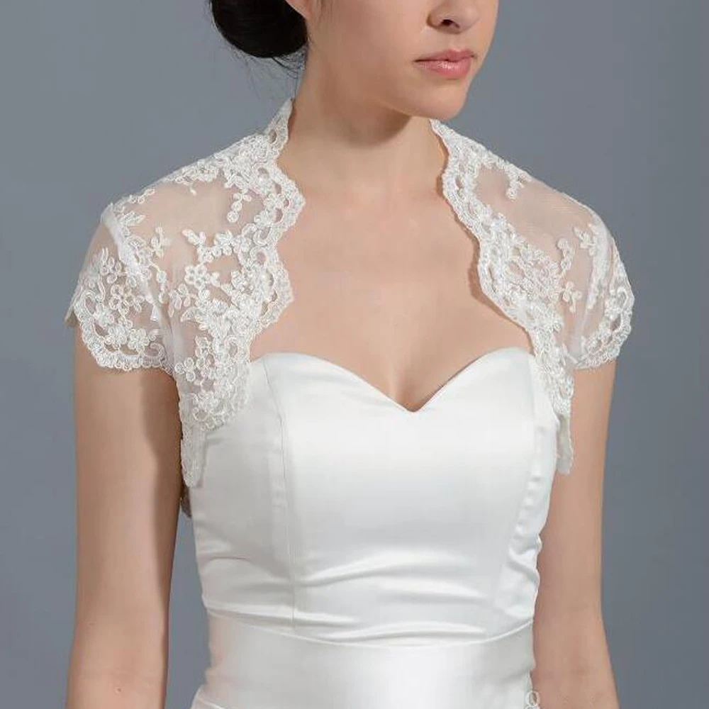 

Bridal Wraps Ivory Cap Sleeve Lace Wedding Jacket Bridal Bolero For Wedding Dresses Lace Applique Jacket