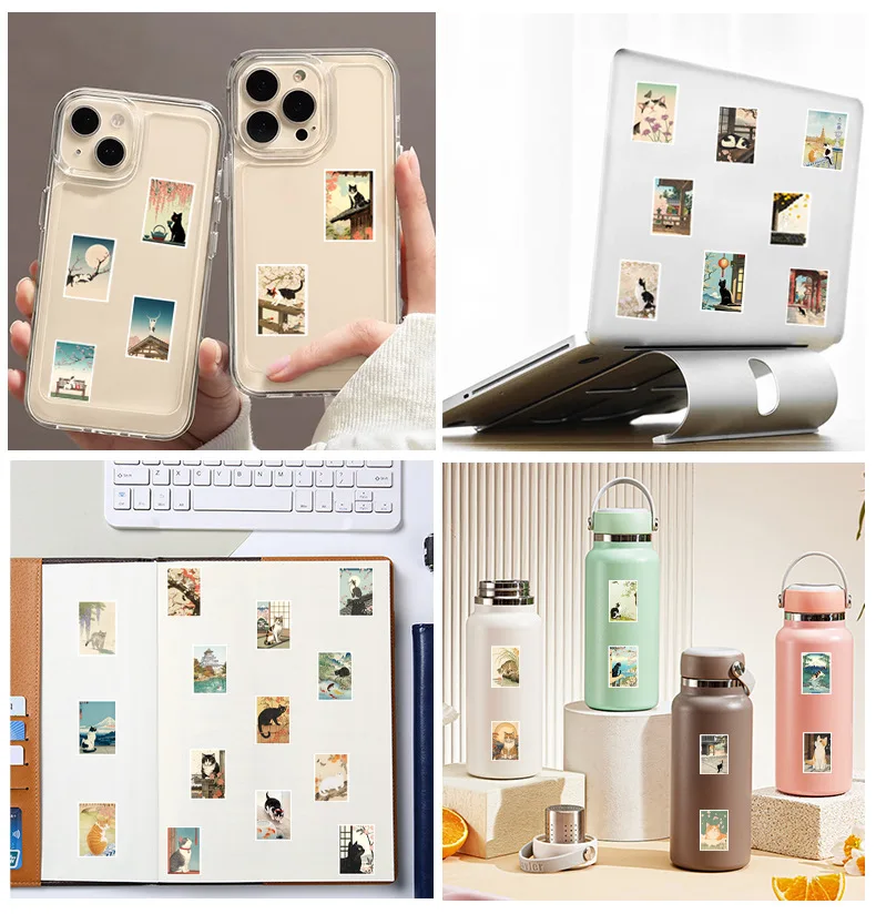 50Pcs 일본 레트로 손으로 그린 ??고양이 테마 스티커 편지지 상자 노트북 전화 노트북 프린터 컵 반복 없음 데칼