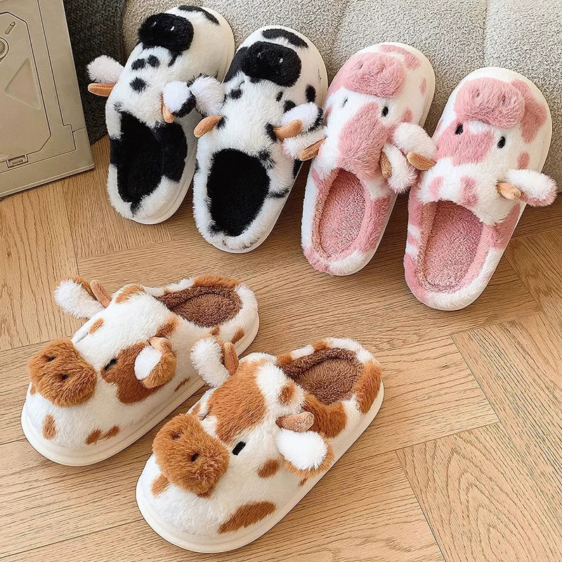 Furry Cartoon Cow Home Slippers Women Winter Indoor Thick Bottom Women's Cotton Slippers Closed Toe Cute Plush Slides Mujer