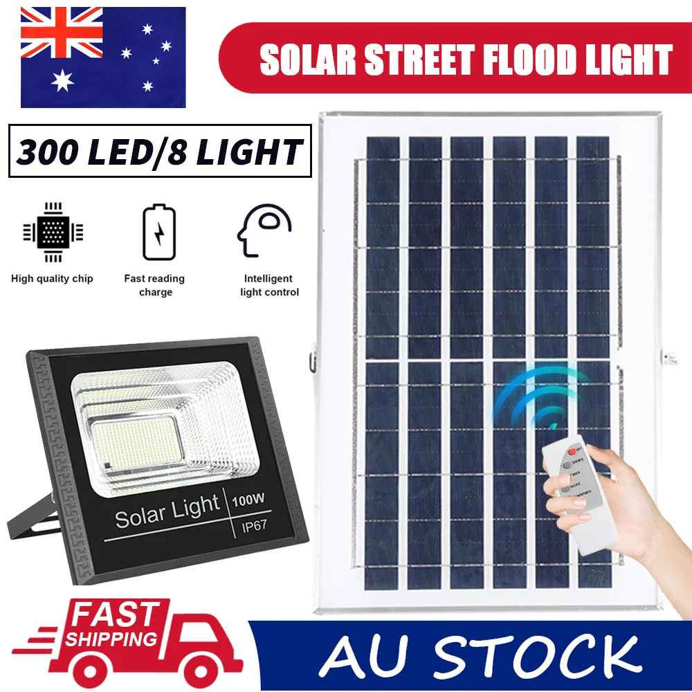 100W LED Solar Light Street Flood Sensor Remote Outdoor Garden Security Lamp 300LED