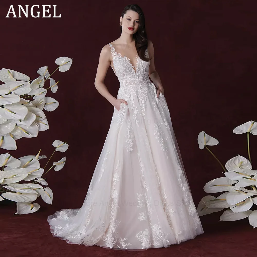 Романтичное свадебное платье А-силуэта ANGEL, свадебное платье для невесты, свадебные платья из тюля с аппликацией и открытой спиной, кружевные платья с бисером без рукавов для невесты