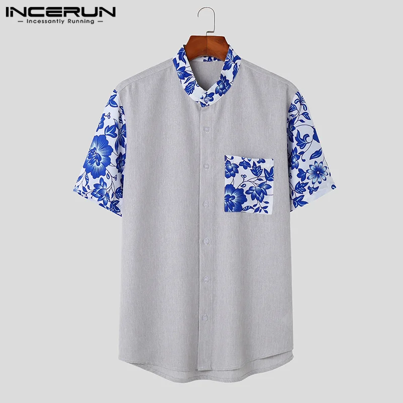 

Handsome Well Fitting Tops INCERUN Men's Plant Printing Patchwork Shirts Summer Holiday Hot Sale Male Short Sleeved Blouse S-5XL