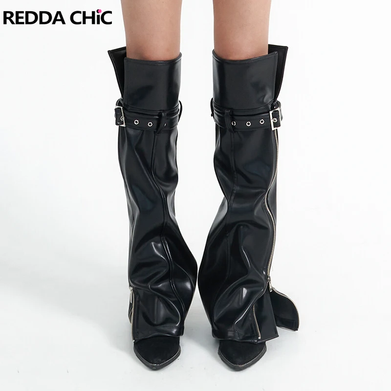 Reddachic Retro Black Belt Scaldamuscoli In Pelle Donna Grunge Y2K Decostruito Zip-Up Fessura Calze Lunghe Al Ginocchio Biker Moto Stivali Cover