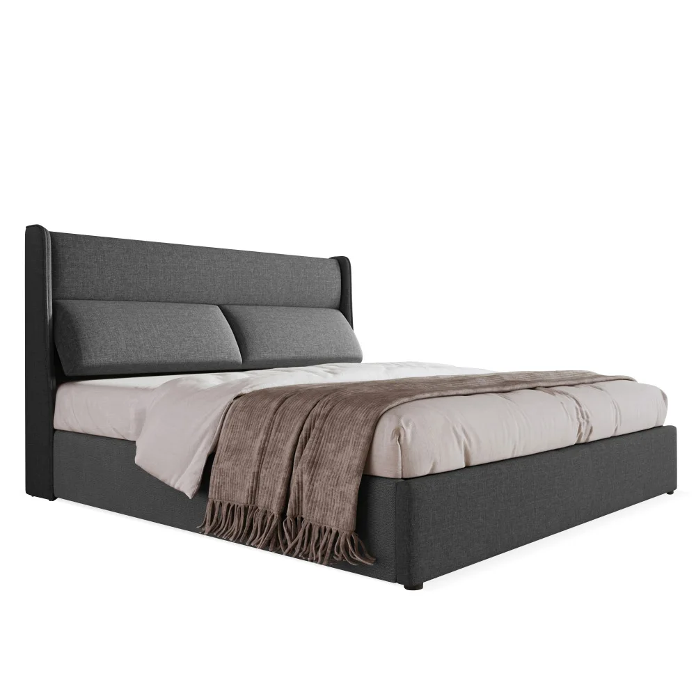 Gepolstertes Bett, Doppelbett mit verstellbaren Kopfstützen, hydraulischem Bettrahmen, Leinenbett mit Metalllattengitter (ohne Matratze) – Detail 17