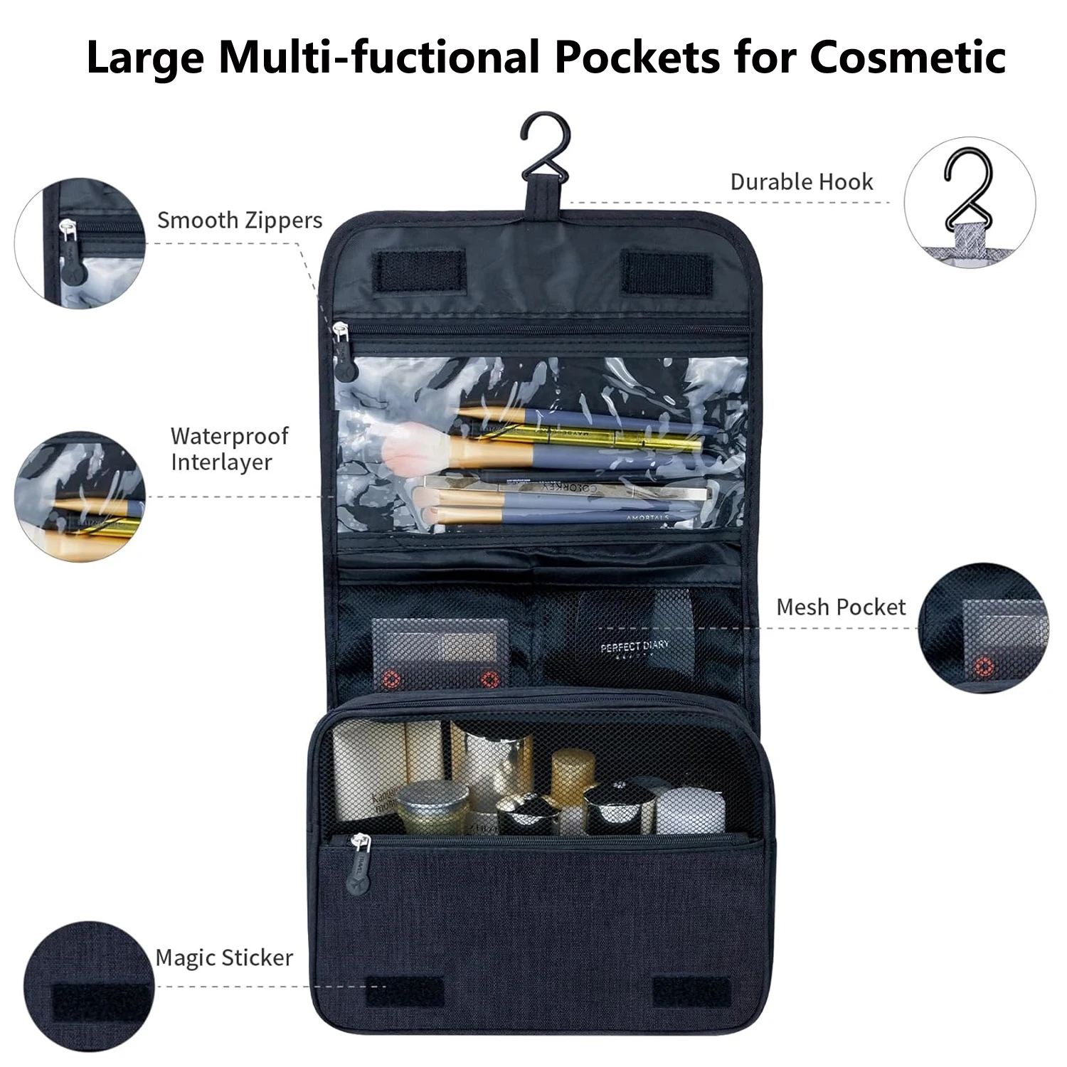 Large Capacity Toiletry Bag Waterproof Bathroom Storage Bag Portable Carry Cosmetic Bag with Hanging Hook Cosmetic Organizer Box 2