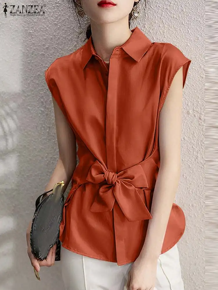 

ZANZEA Fashion Sleeveless Tank Tops Women Solid Shirt Vintage Lapel Collar 2023 Summer Holiday Belted Blouse Korean Casual Tunic