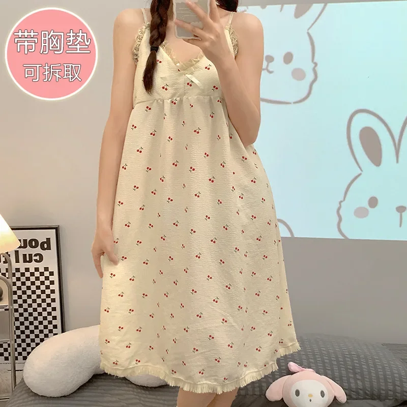 5XL Plus Size Summer Sweet Sleepwear Women Sleeveless Sleep Dress with Cheat Pad Cartoon Nightgown Teenage Student Loose Pajamas