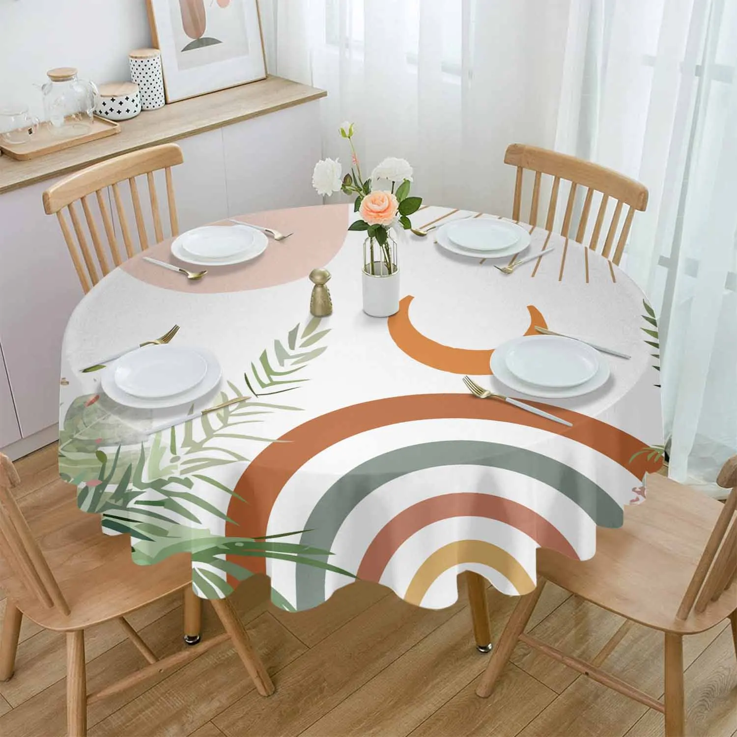 

Геометрической формы, в стиле бохо круглая скатерть с абстрактными листьями, водонепроницаемая Свадебная Праздничная скатерть, Декоративная скатерть для журнального столика