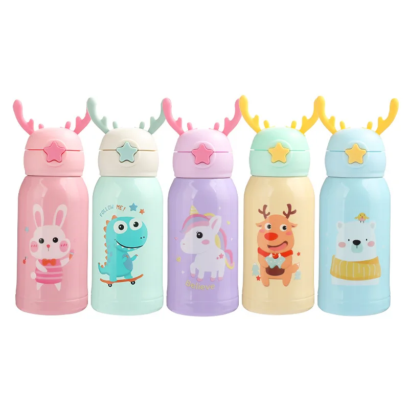 Kawaii Thermos Water Bottle Cute Antlers Children's Straw Stainless Steel  Student Kindergarten Baby Water Cup Cartoon Kids - AliExpress