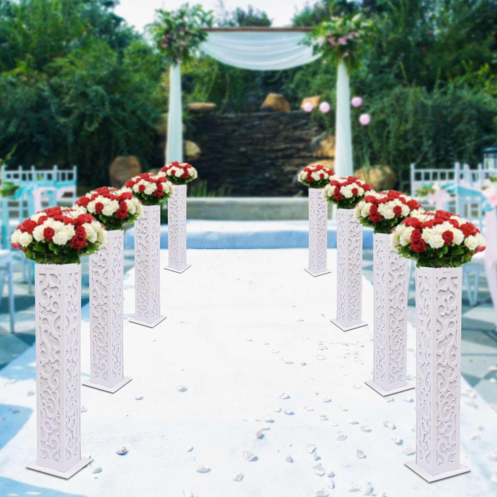 8 Pcs Flower Stand with LED Lights Flower Girl Basket Set Wedding Column Carved Pillar Decoration Stands