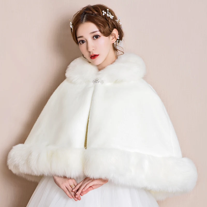 Abito da sposa scialle inverno sposa cerimonia di nozze abito da damigella d'onore bianco abito da sera cappotto manica lunga mantella esterna capelli