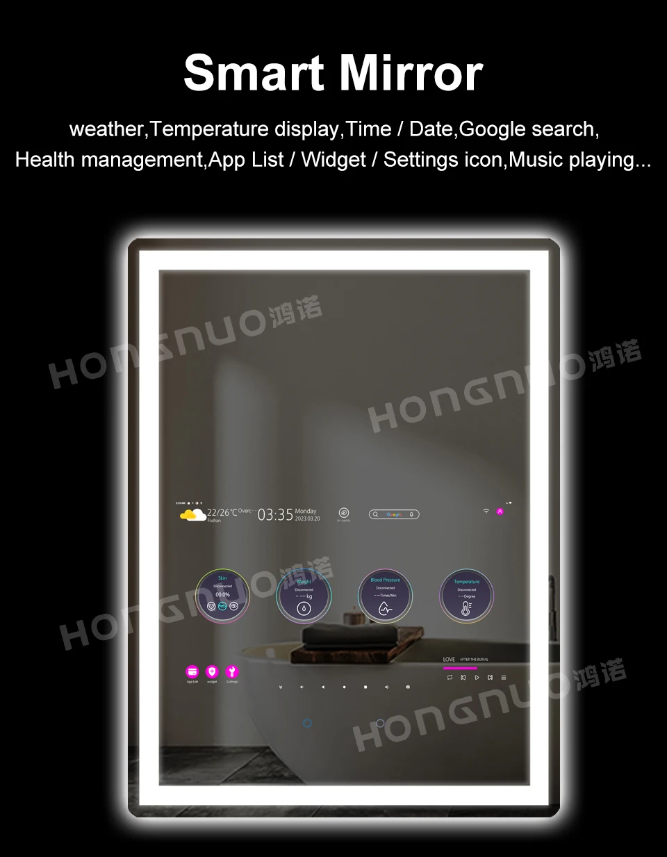 Description Picture 2 of itemTouch Screen Interactive Rectangle Wall Mirror Customised Led light Waterproof Smart Magic Mirror with tv WIFI Bath mirrors
