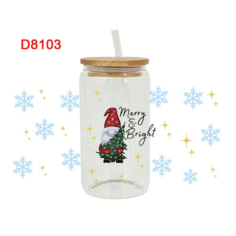 3D UV DTF Transfer Sticker 16oz Cup Wraps Merry Christmas Printed for DIY Glass Ceramic Metal Leather Etc D8040