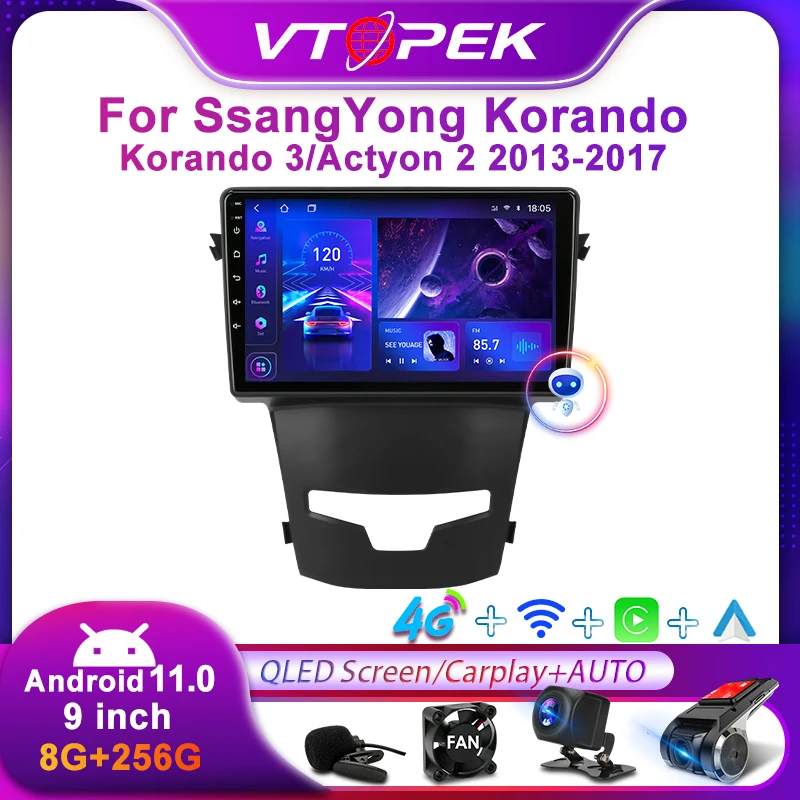 

Vtopek 2Din 4G Android 11 Car Radio Stereo Multimedia Video Player For SsangYong Korando 3 Actyon 2 2013-2017 Navigation Carplay