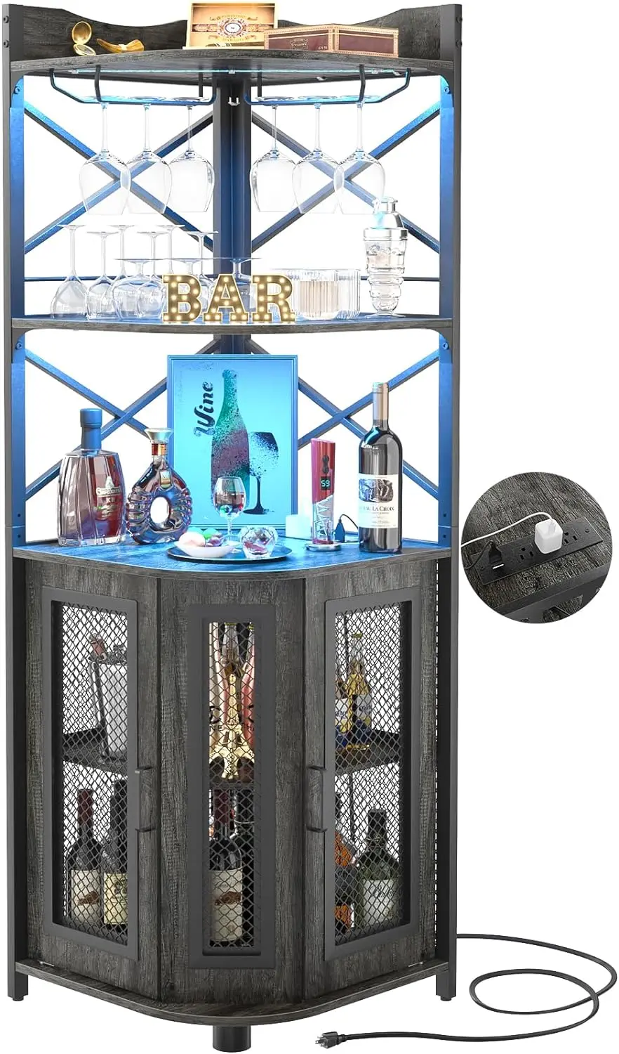 

Aheaplus Corner Bar Cabinet with Power Outlet, Industrial Wine Cabinet with LED Strip and Glass Holder, 5-Tiers Liquor Cabinet