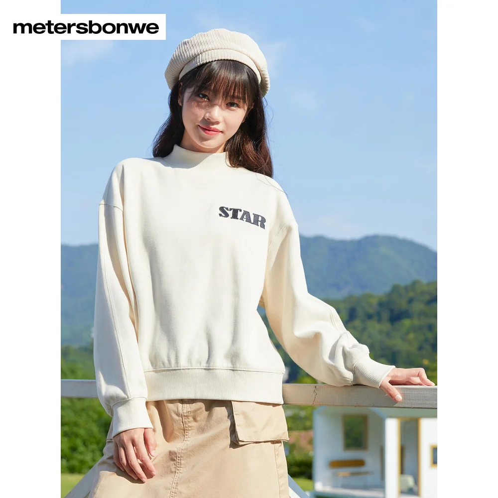 Metersbonwe  Women Print Stand Collar Knited PulloverThick Fleece Lined Casual Jumper Leisure Whinter Loose Short Pullovers Tops