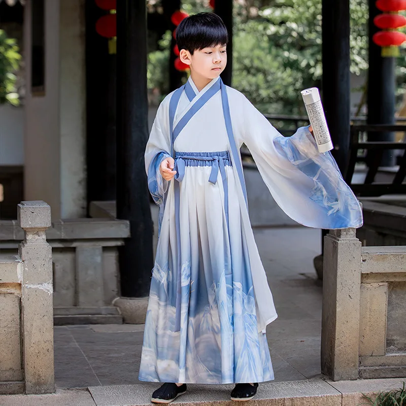 

Blue Hanfu For Boys Preppy Chinese Style Kids Ancient Oriental Costume Folk Tang Suit Performance Clothing Stage Dance Dress