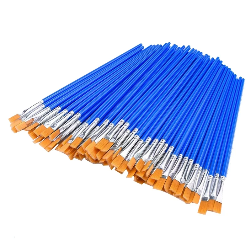 

200 Pcs Flat Paint Brushes - Plastic Barrel Nylon Bristle Flat Tip Brush Small Brush For Detail Painting