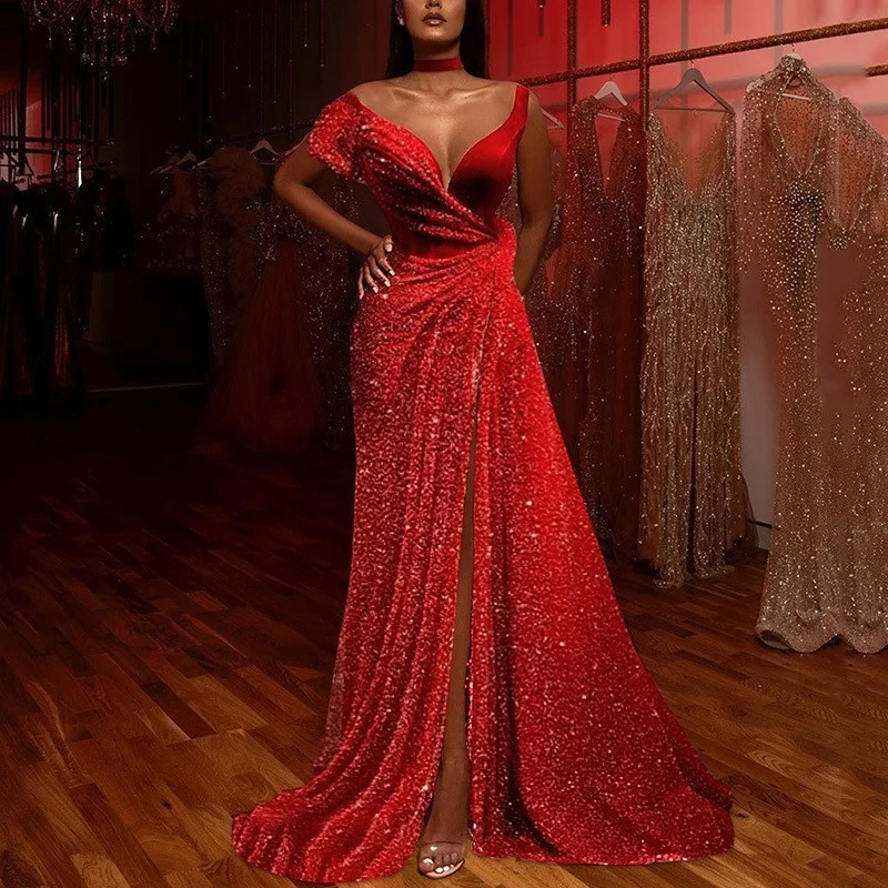 

Sequin Elegant Dresses Floor Length Dress Solid Color Mid Waist Red Straps Birthday Banquet Skirts Evening Party Night