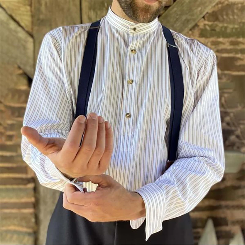 Men's Shirt Vintage Stripe Long Sleeve Daily Tops Business Office Men Spring Clothing Fashion Stand-Up Collar Male Party Shirt