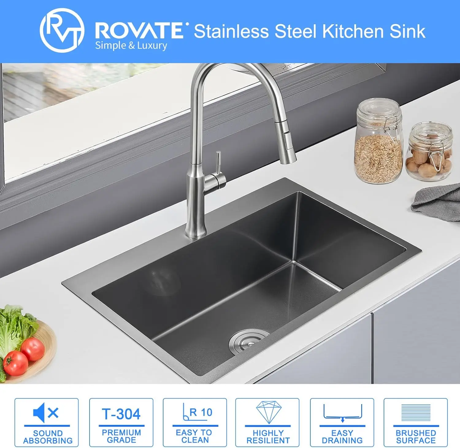 ROVATE Kitchen Sink 28&times;20 Inch Drop In 18 Gauge Handmade SUS 304 Top mount Stainless Steel 9 Inch Deep Single Bowl Black
