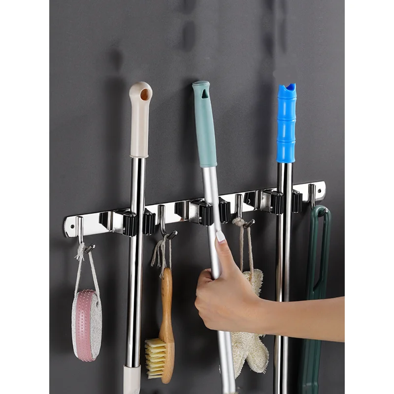 Wall Mounted Broom Holder Stainless Steel Mops Storage Hanger Mop Brush with Hook Multifunctional Kitchen Bathroom Organizer