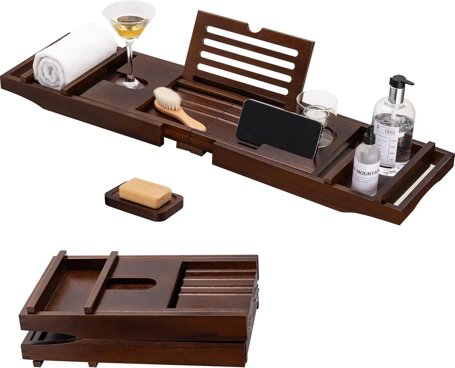 NEW Teak Bathtub Caddy Tray Foldable Bath Table Tray with Book and Wine Glass Holder, Wooden Expandable Bathroom Accessories