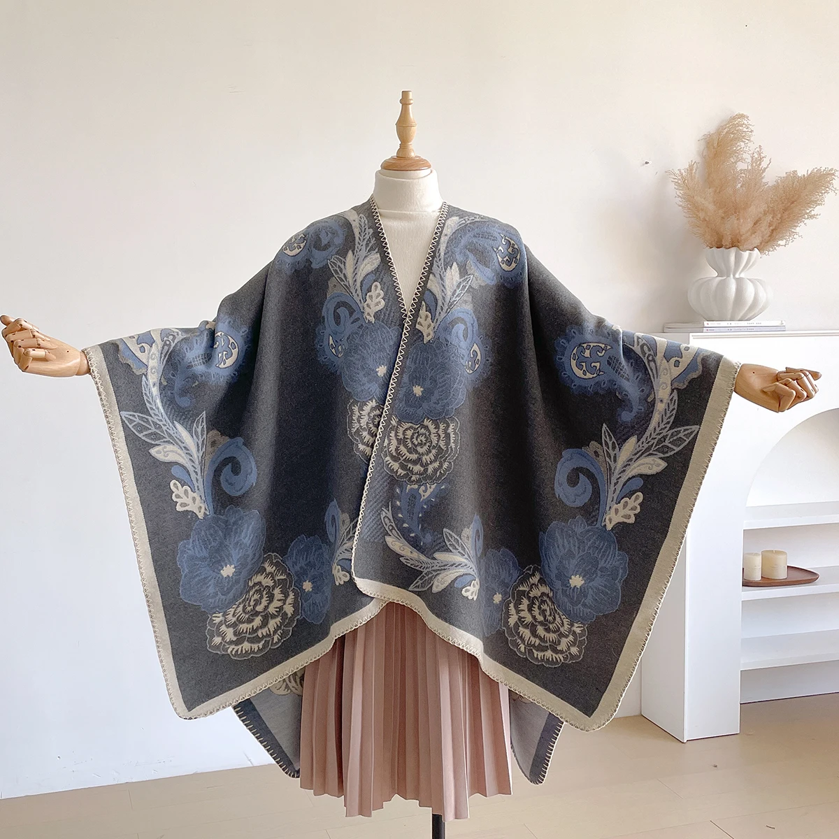 Brand Fashion Winter Cashmere Shawl for Women - Oil Painting Floral Printed Pashmina Thick Scarf, Wrap & Poncho