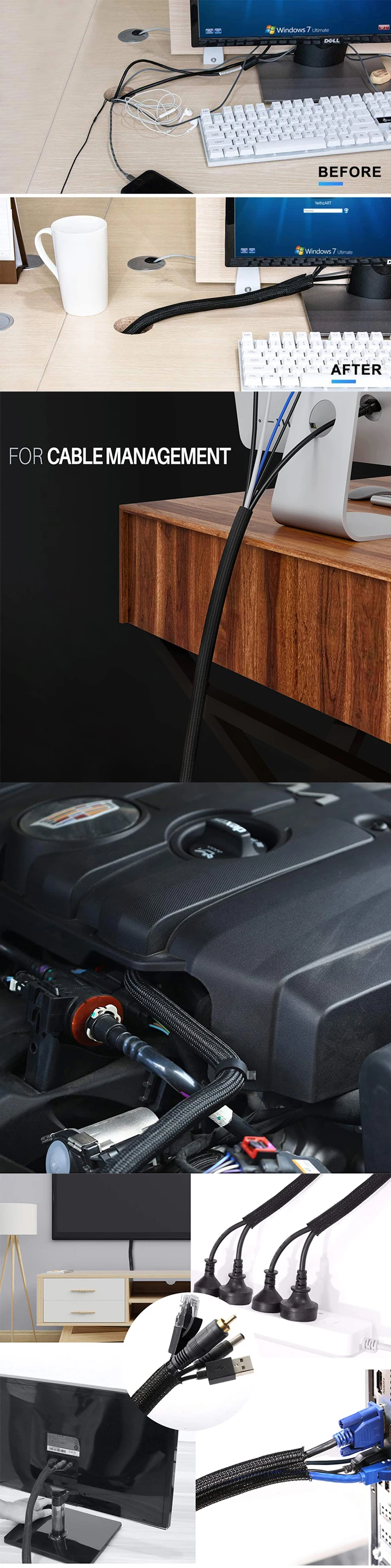 Description Picture 3 of item1/3M Black Insulated Braid Sleeving Cord Protector Wire Loom Tubing Cable Sleeve Split Sleeving 12/20/30mm Width Expandable Wire